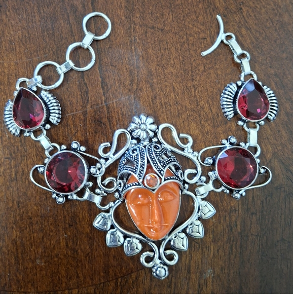 New Carved Red Goddess Face Garnet 925 Silver Bracelet. - Picture 6 of 16